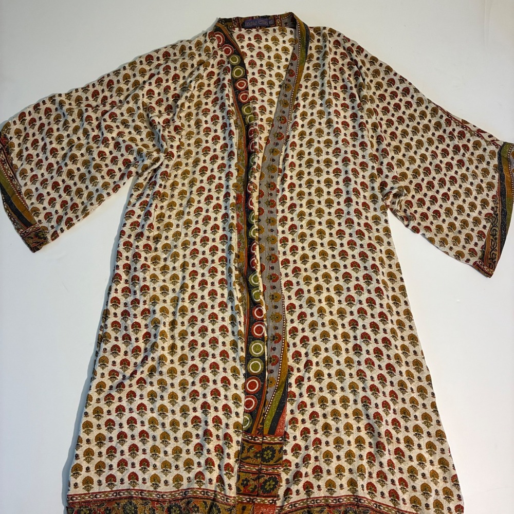 Indie Ella Silk Blend Kimono Cardigan Floral Block Print One Size Cream Red Boho